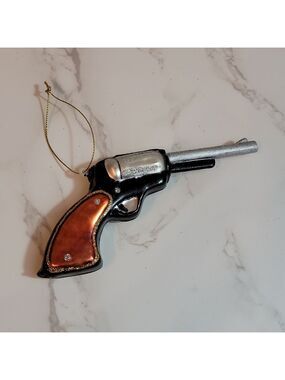 Glass blown revolver hand gun Christmas tree ornement